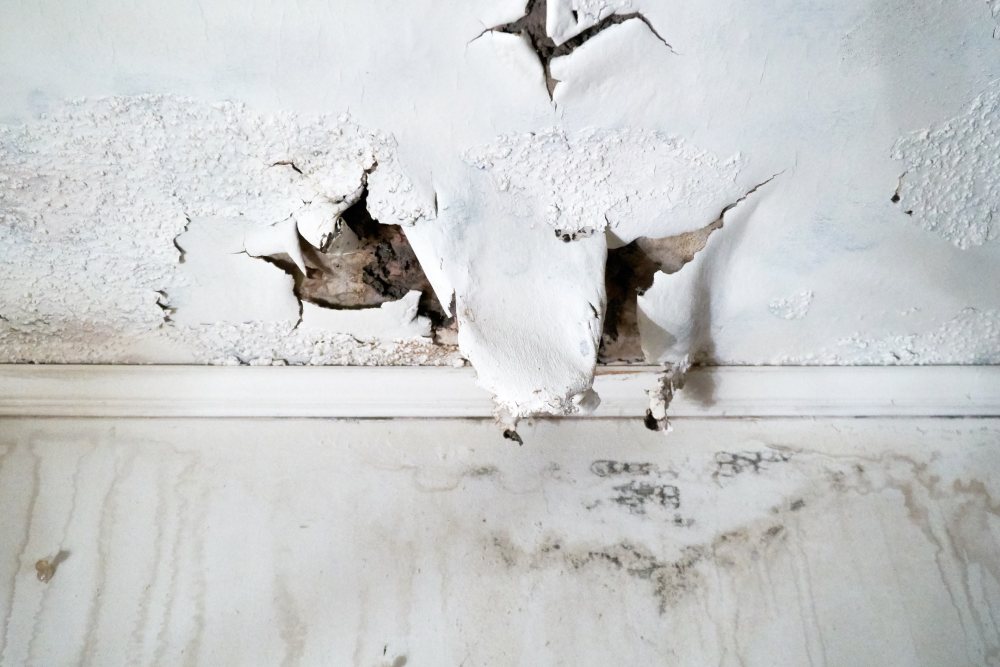 Water leaking through a white wall inside a home.