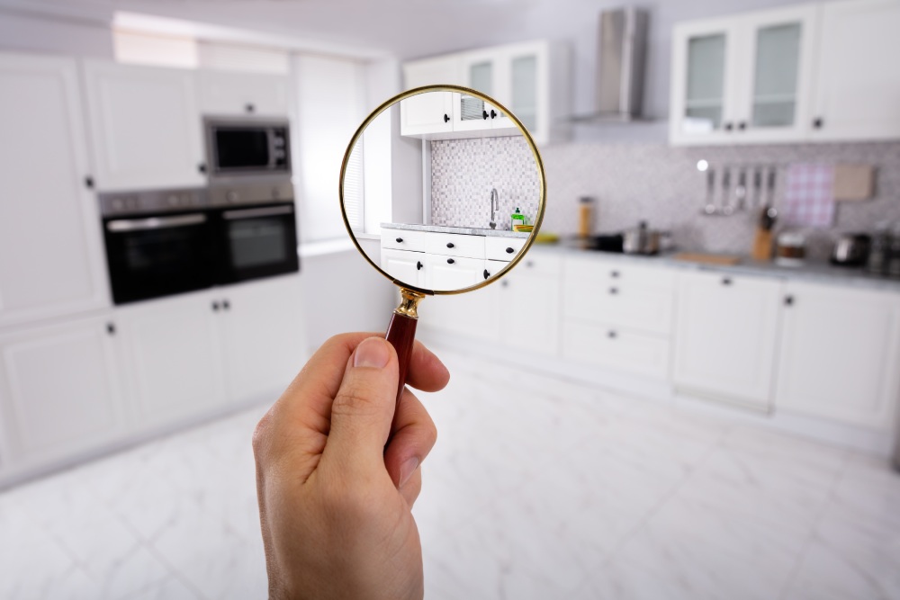 A concept image showing a hand holding a magnifying glass in a kitchen.